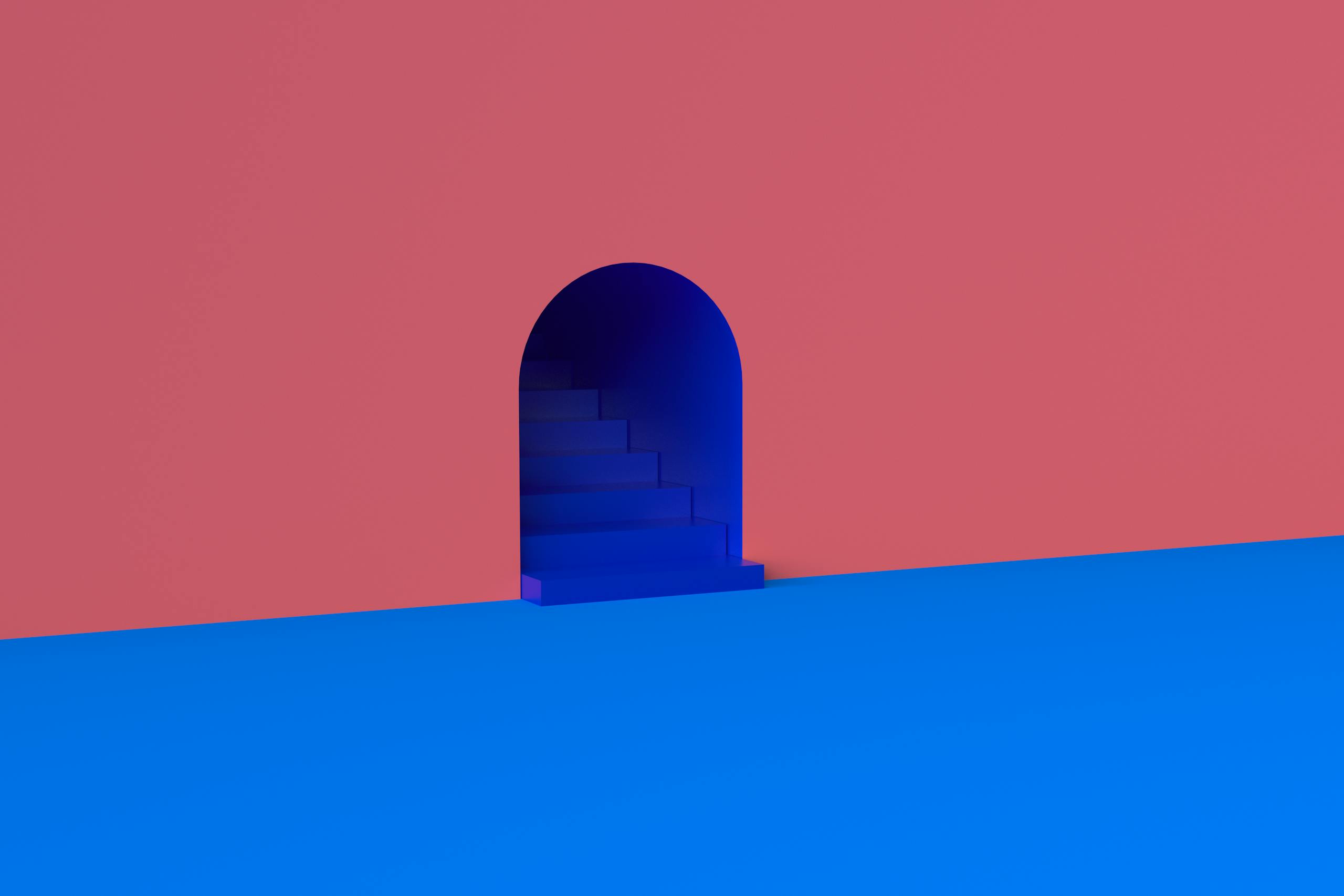 A surreal archway leading to mysterious stairs, featuring bold pink and blue colors in a minimalistic design.